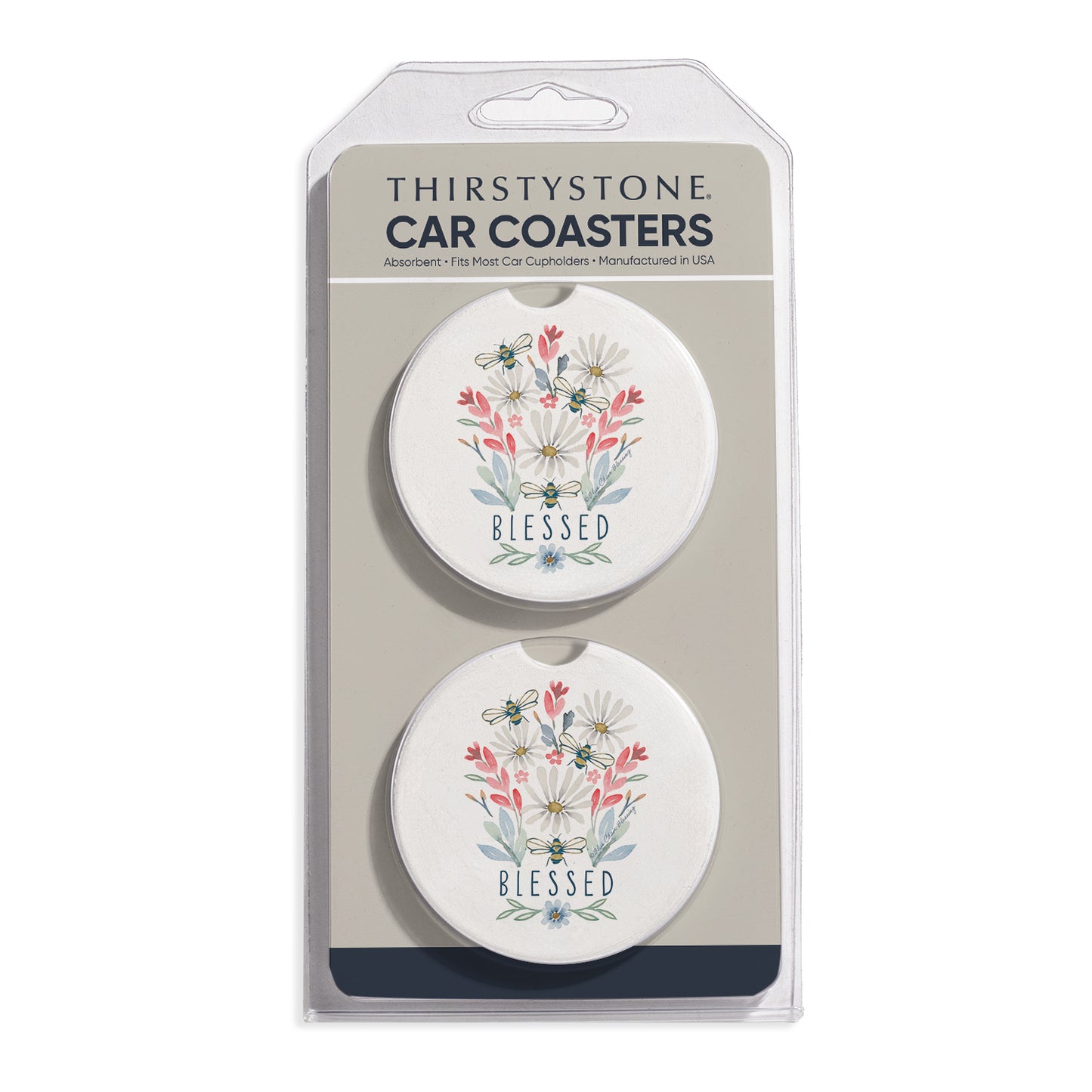 Blessed Bouquet 2 Pack Absorbent Stone Car Coasters 2.6" Manufactured in the USA