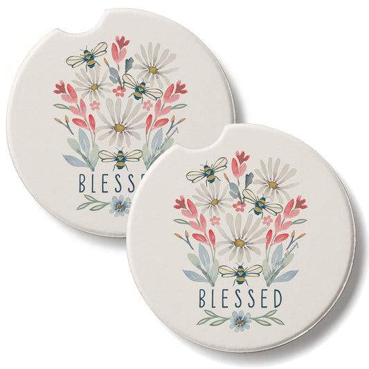 Blessed Bouquet 2 Pack Absorbent Stone Car Coasters 2.6" Manufactured in the USA