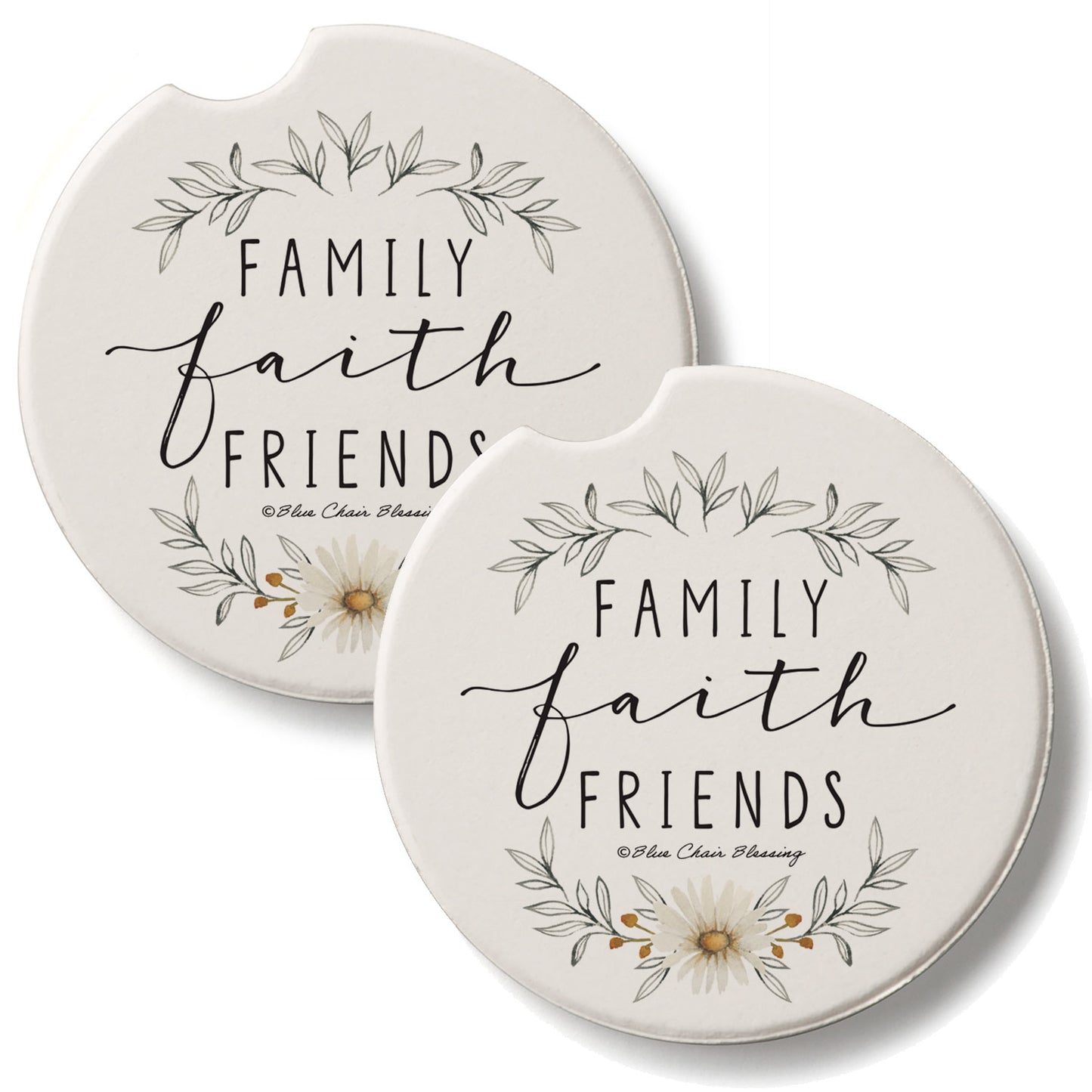 Family Faith Friends 2 Pack Absorbent Stone Car Coasters 2.6" Manufactured in the USA