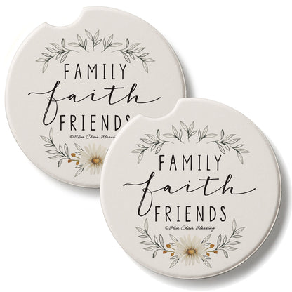 Family Faith Friends 2 Pack Absorbent Stone Car Coasters 2.6" Manufactured in the USA