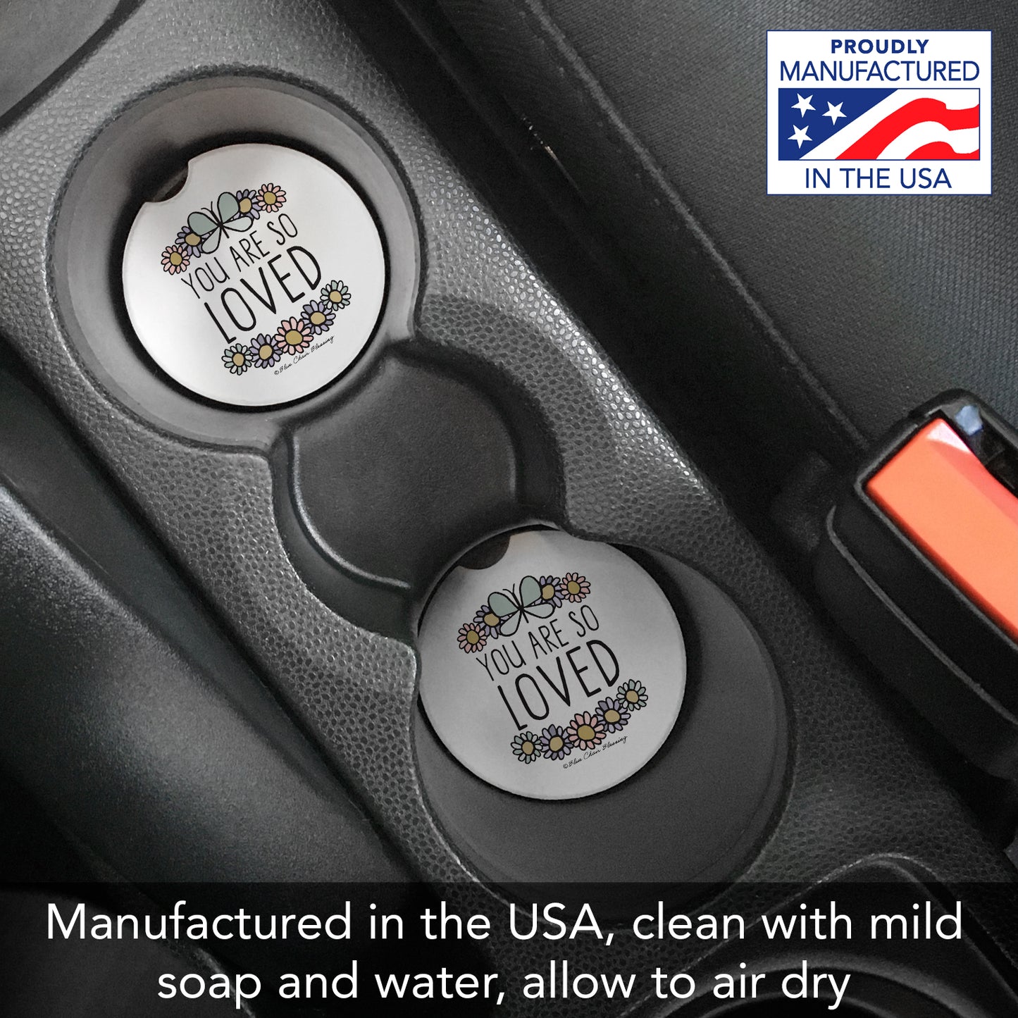 So Loved 2 Pack Absorbent Stone Car Coasters 2.6" Manufactured in the USA