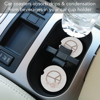 Floral Peace 2 Pack Absorbent Stone Car Coasters 2.6" Manufactured in the USA