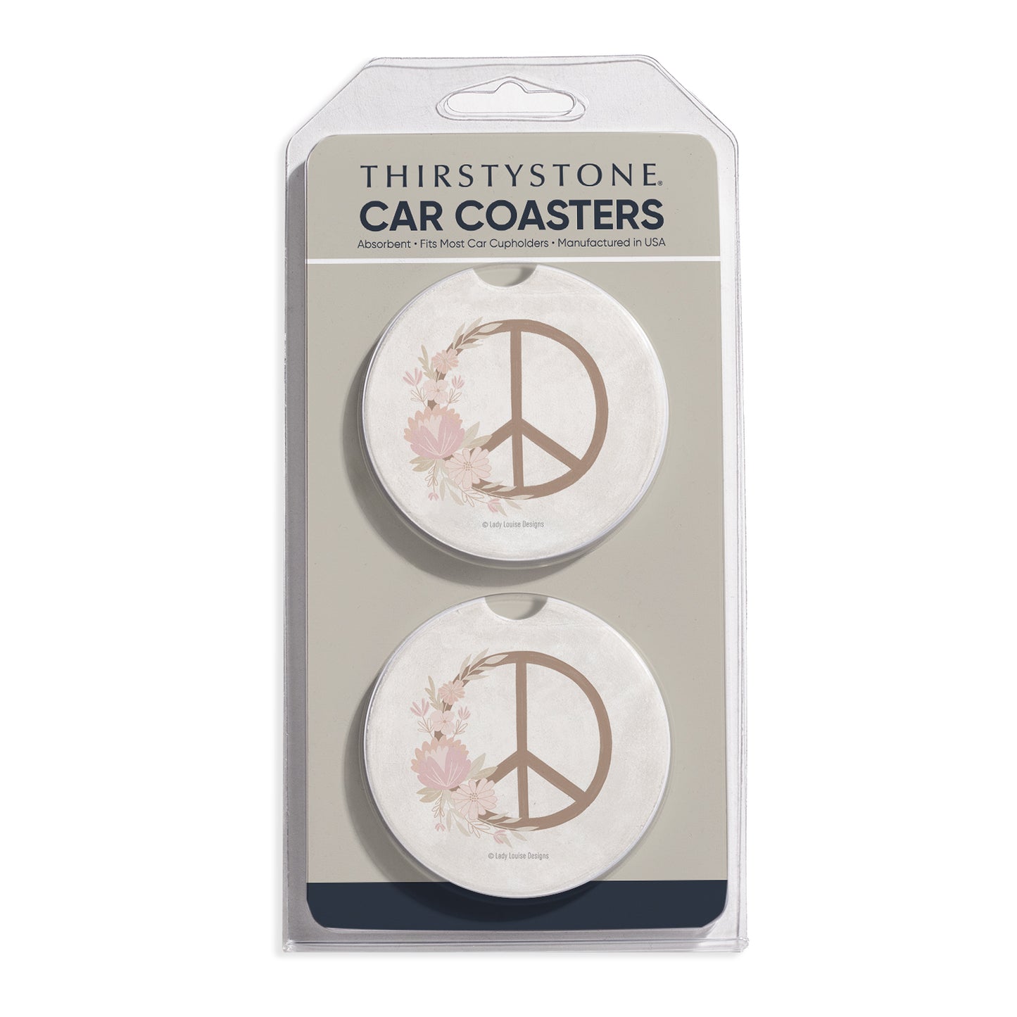 Floral Peace 2 Pack Absorbent Stone Car Coasters 2.6" Manufactured in the USA
