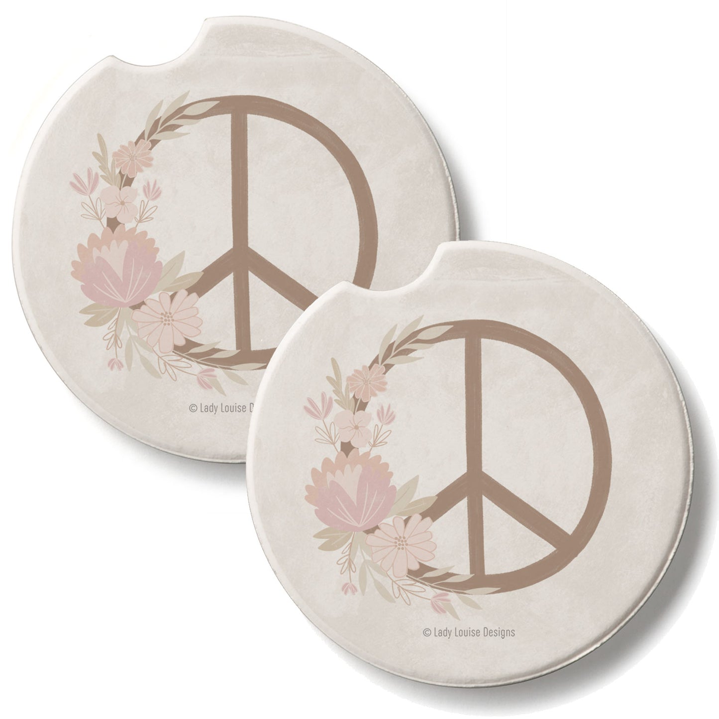 Floral Peace 2 Pack Absorbent Stone Car Coasters 2.6" Manufactured in the USA