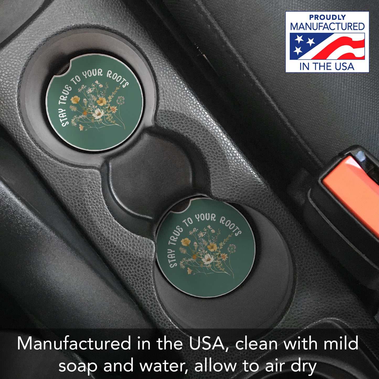 Roots 2 Pack Absorbent Stone Car Coasters 2.6" Manufactured in the USA