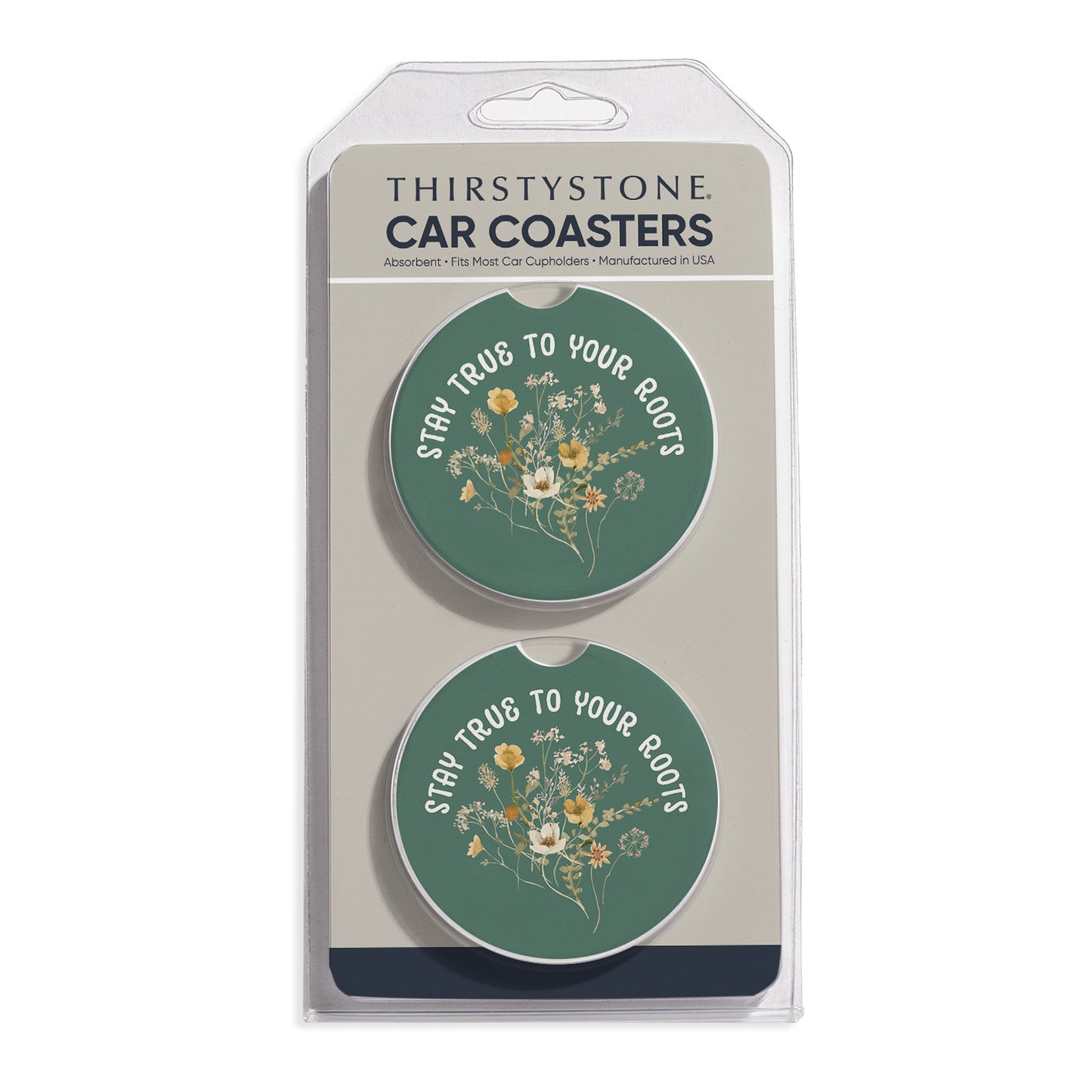 Roots 2 Pack Absorbent Stone Car Coasters 2.6" Manufactured in the USA