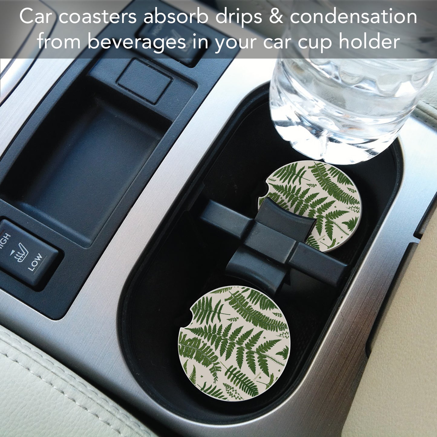 Natural Ferns 2 Pack Absorbent Stone Car Coasters 2.6" Manufactured in the USA