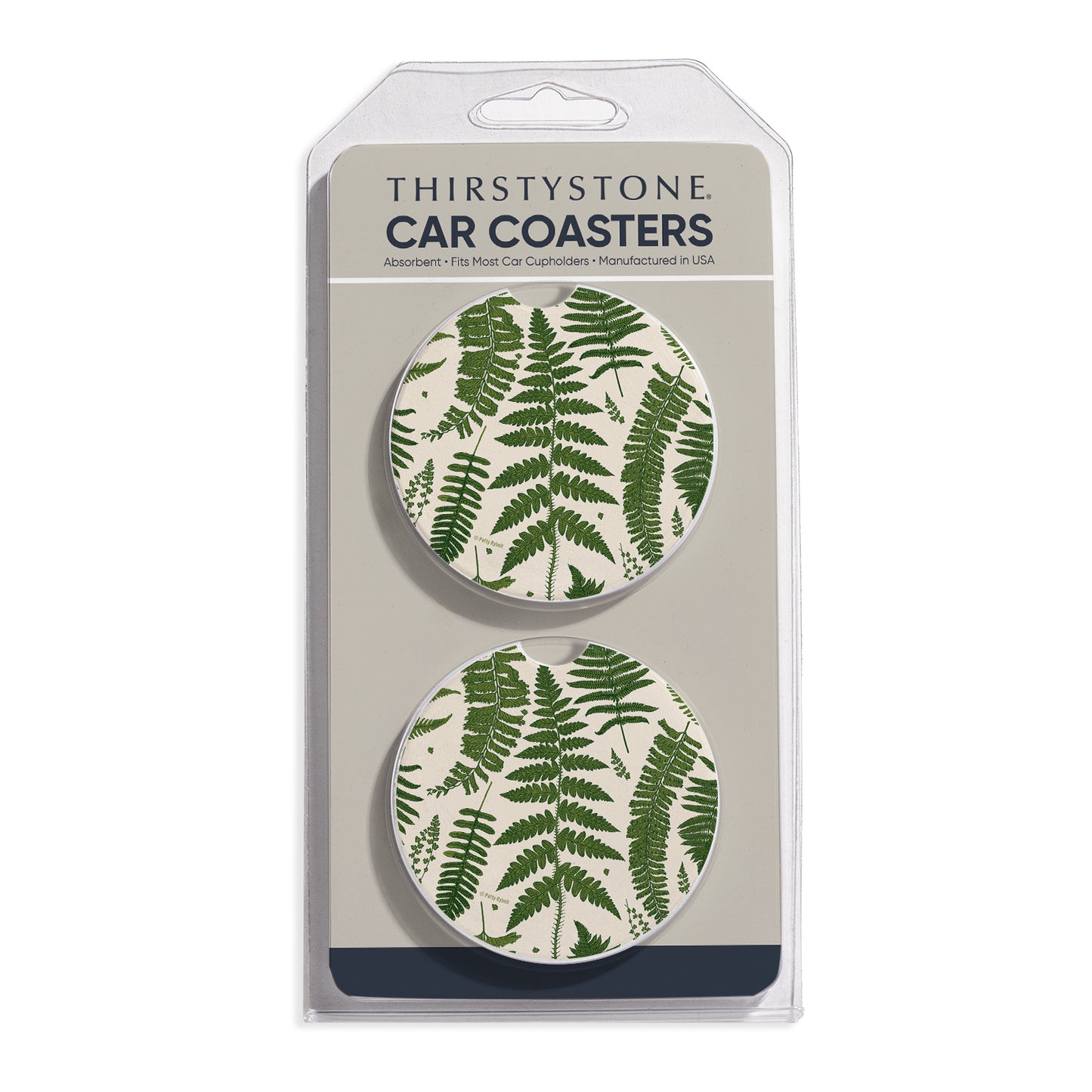 Natural Ferns 2 Pack Absorbent Stone Car Coasters 2.6" Manufactured in the USA