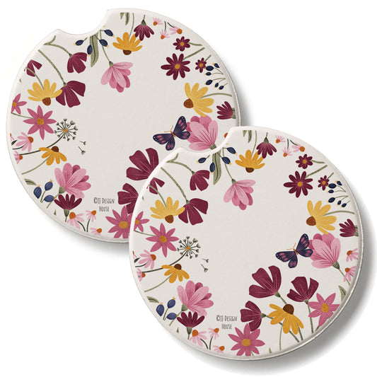 Blooming Border 2 Pack Absorbent Stone Car Coasters 2.6" Manufactured in the USA