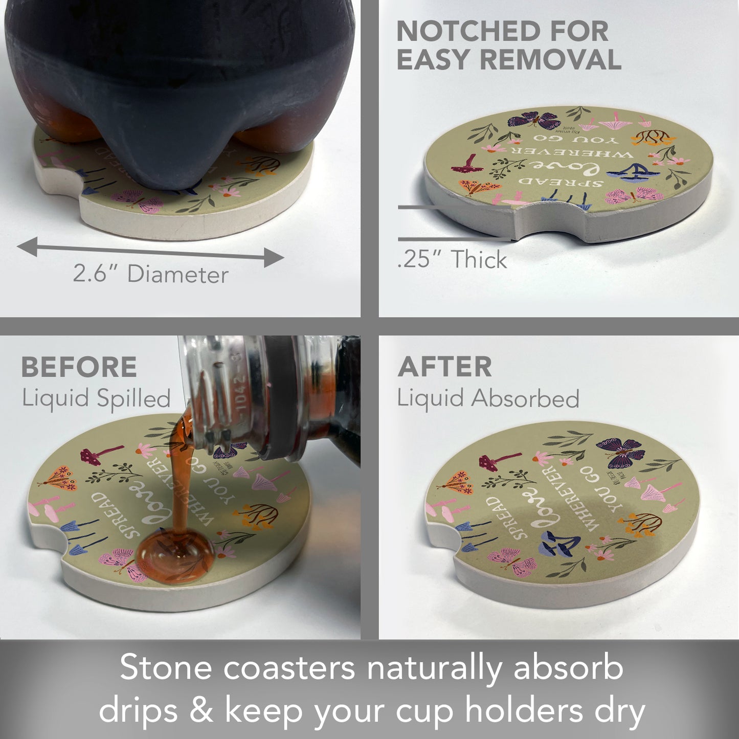 Spread Love 2 Pack Absorbent Stone Car Coasters 2.6" Manufactured in the USA