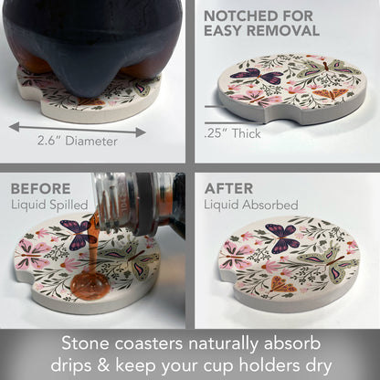 Flutter Blooms 2 Pack Absorbent Stone Car Coasters 2.6" Manufactured in the USA