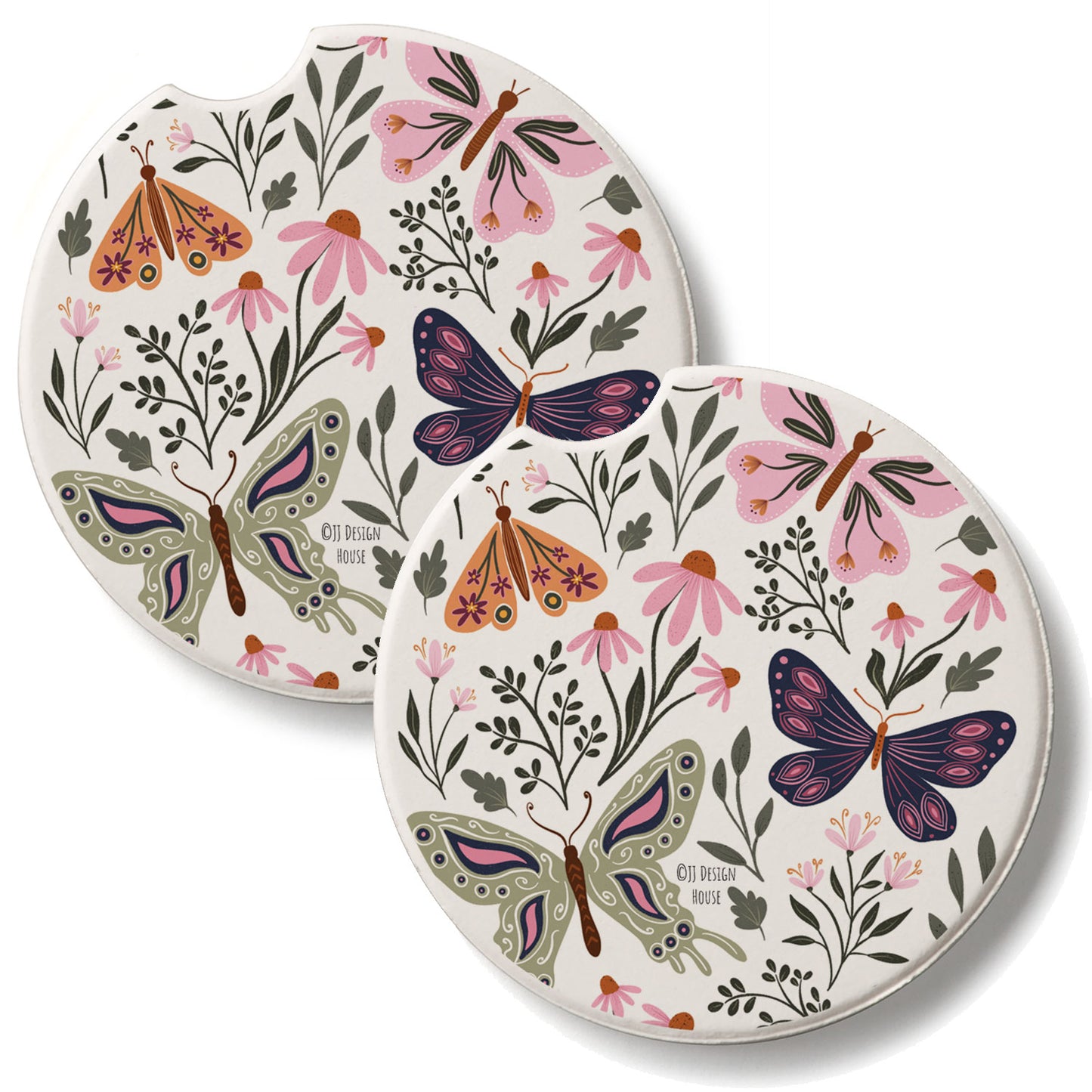 Flutter Blooms 2 Pack Absorbent Stone Car Coasters 2.6" Manufactured in the USA