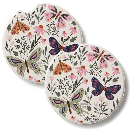 Flutter Blooms 2 Pack Absorbent Stone Car Coasters 2.6" Manufactured in the USA