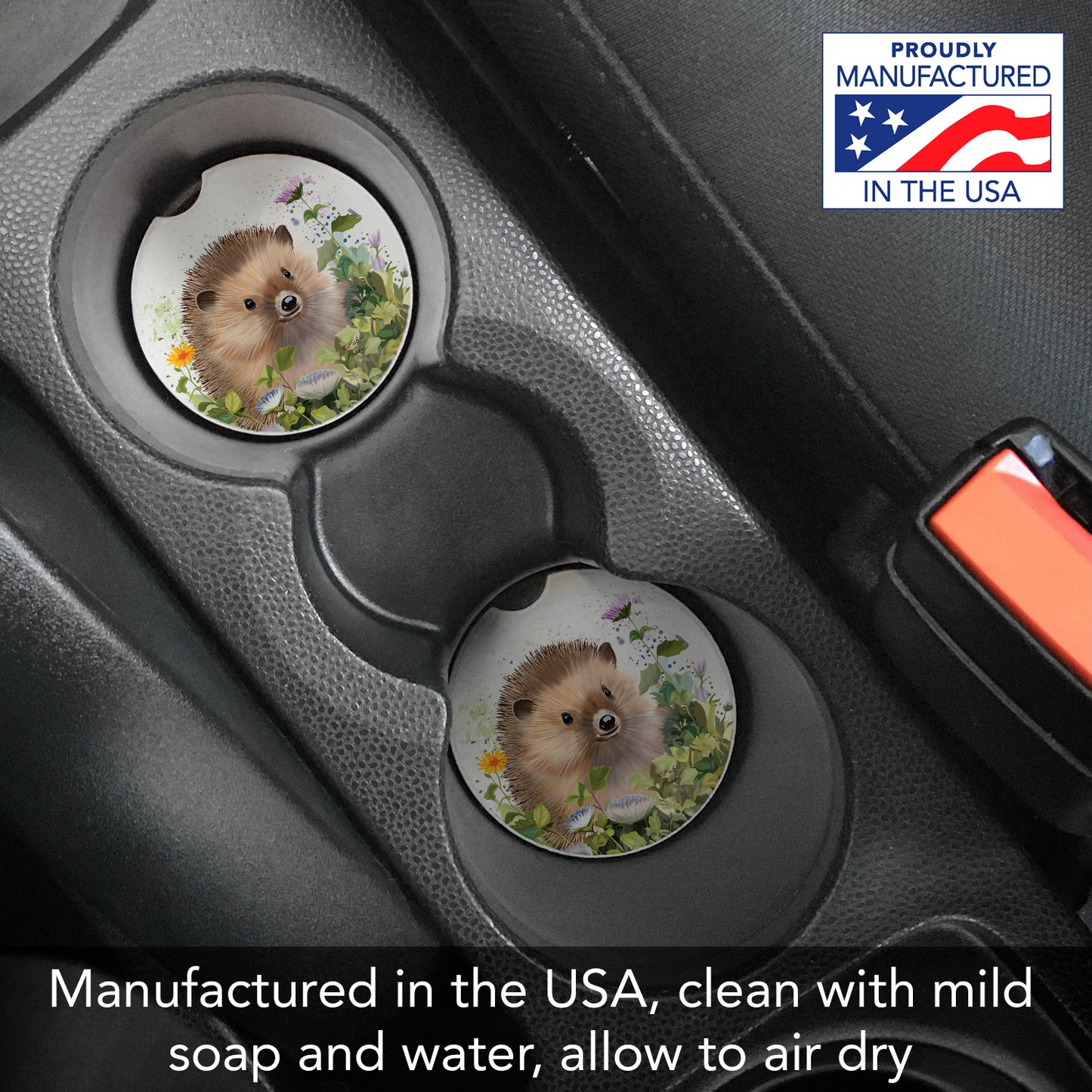 Hedgehog in Ivy 2 Pack Absorbent Stone Car Coasters 2.6" Manufactured in the USA
