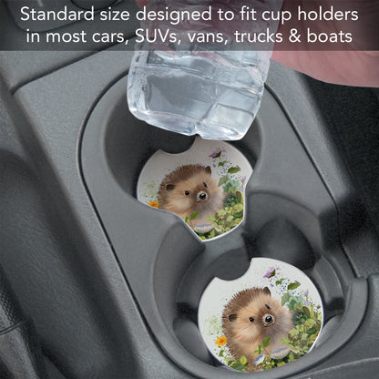 Hedgehog in Ivy 2 Pack Absorbent Stone Car Coasters 2.6" Manufactured in the USA