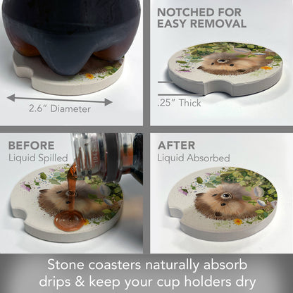 Hedgehog in Ivy 2 Pack Absorbent Stone Car Coasters 2.6" Manufactured in the USA