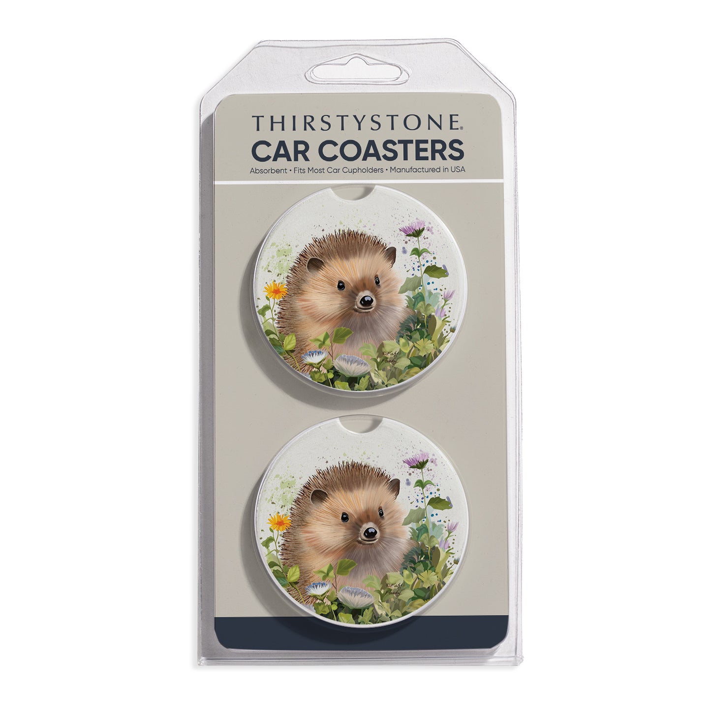 Hedgehog in Ivy 2 Pack Absorbent Stone Car Coasters 2.6" Manufactured in the USA