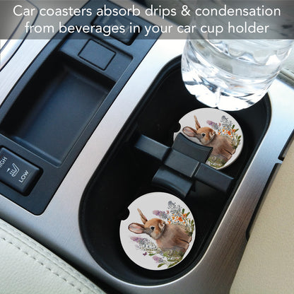 Rabbit in Lupins 2 Pack Absorbent Stone Car Coasters 2.6" Manufactured in the USA