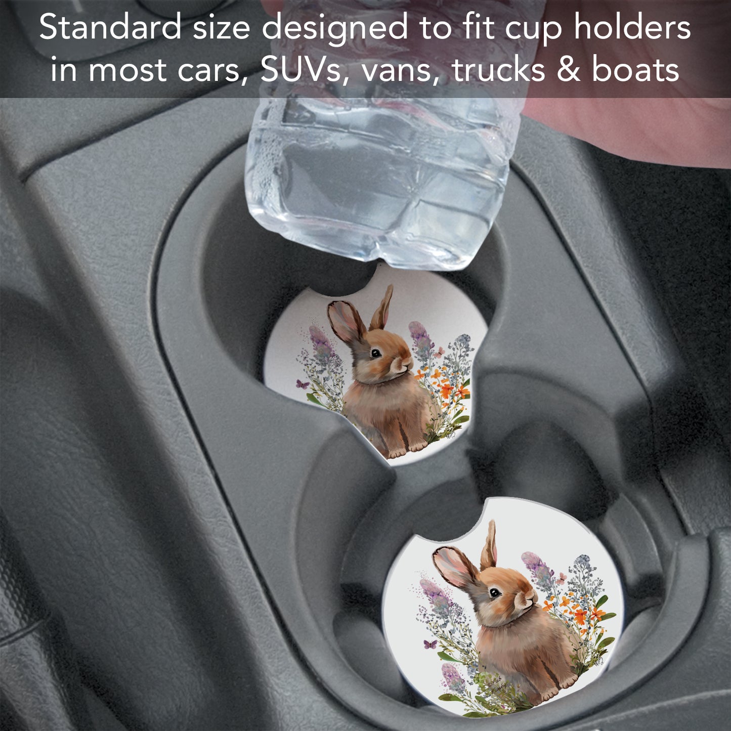 Rabbit in Lupins 2 Pack Absorbent Stone Car Coasters 2.6" Manufactured in the USA