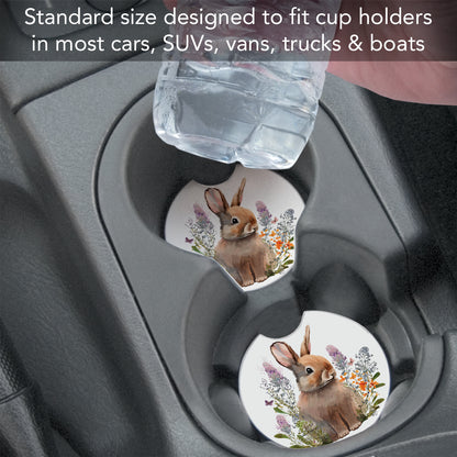 Rabbit in Lupins 2 Pack Absorbent Stone Car Coasters 2.6" Manufactured in the USA