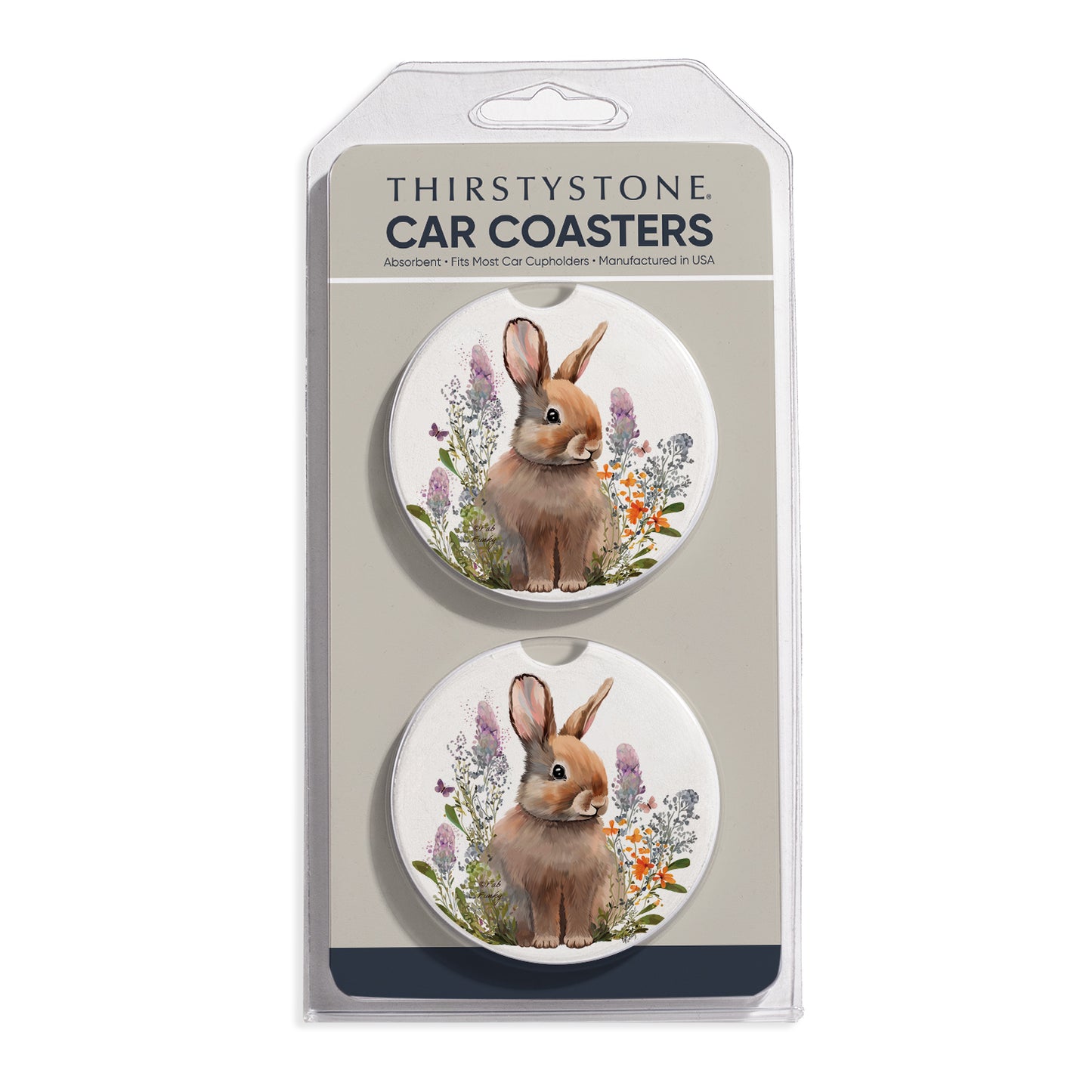 Rabbit in Lupins 2 Pack Absorbent Stone Car Coasters 2.6" Manufactured in the USA