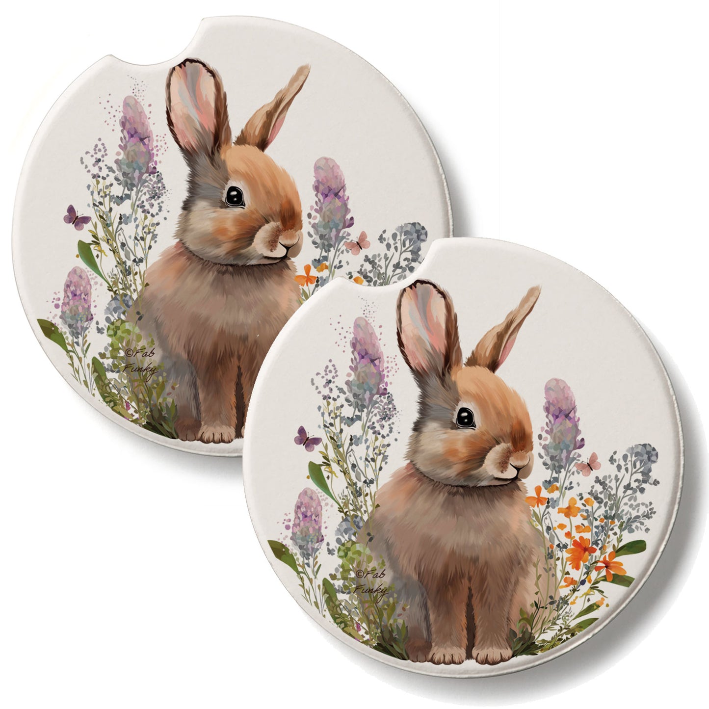 Rabbit in Lupins 2 Pack Absorbent Stone Car Coasters 2.6" Manufactured in the USA