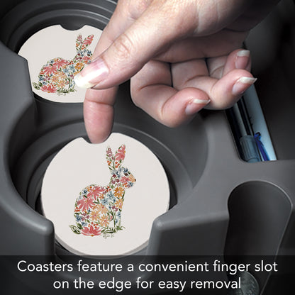 Floral Bunny 2 Pack Absorbent Stone Car Coasters 2.6" Manufactured in the USA