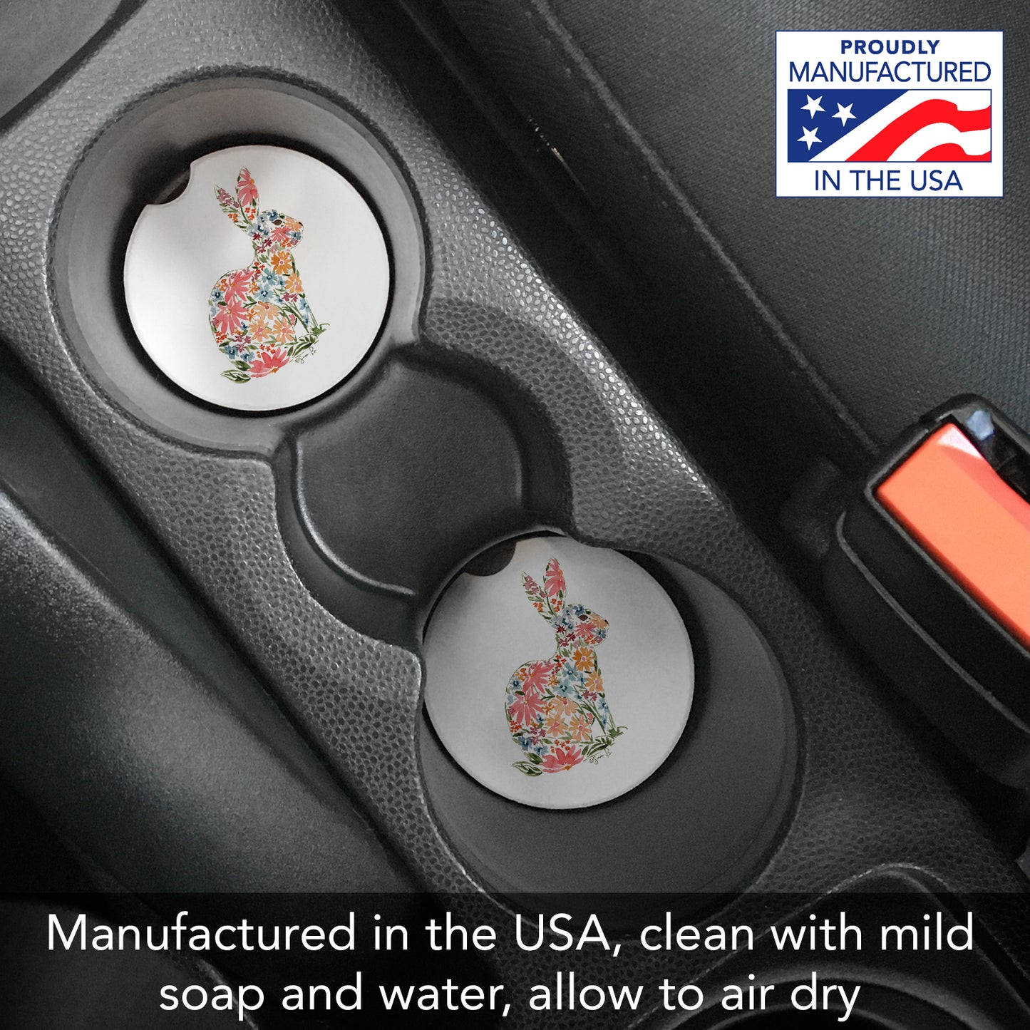 Floral Bunny 2 Pack Absorbent Stone Car Coasters 2.6" Manufactured in the USA