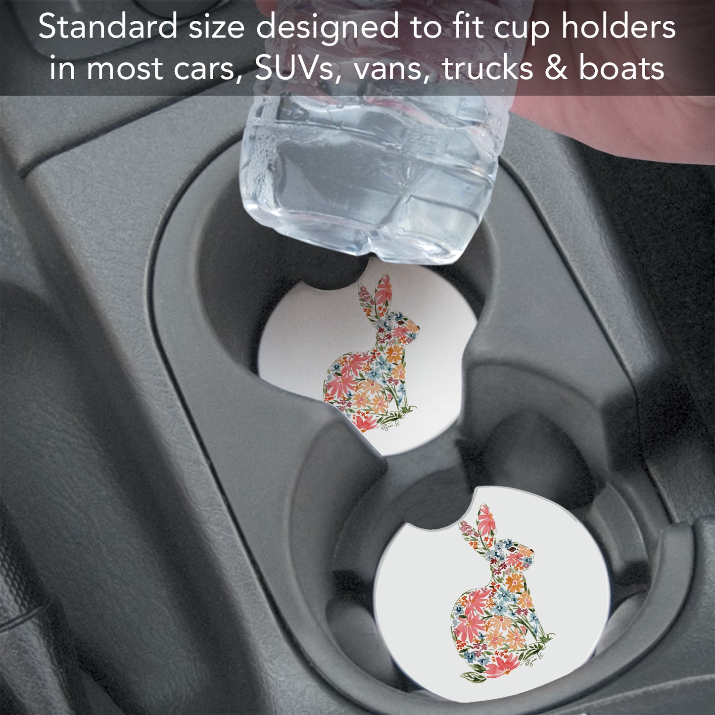 Floral Bunny 2 Pack Absorbent Stone Car Coasters 2.6" Manufactured in the USA