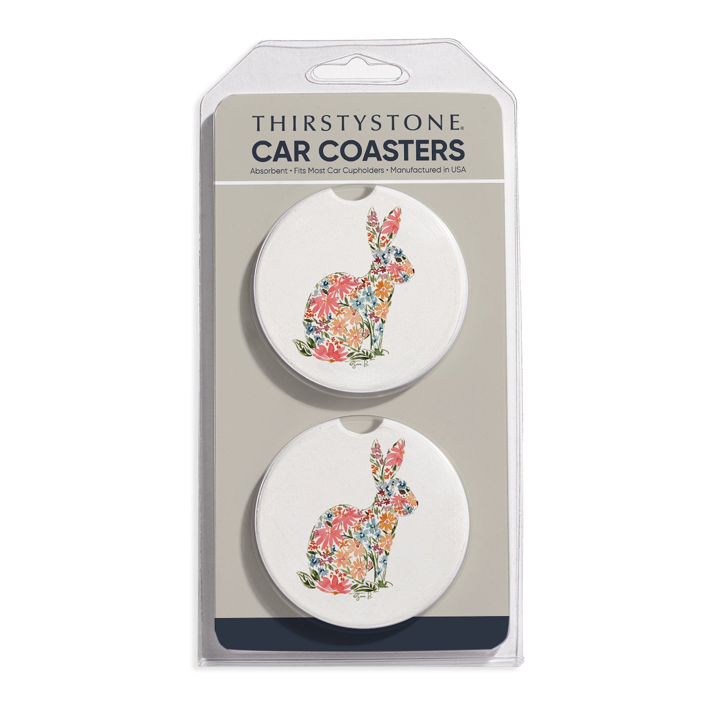 Floral Bunny 2 Pack Absorbent Stone Car Coasters 2.6" Manufactured in the USA