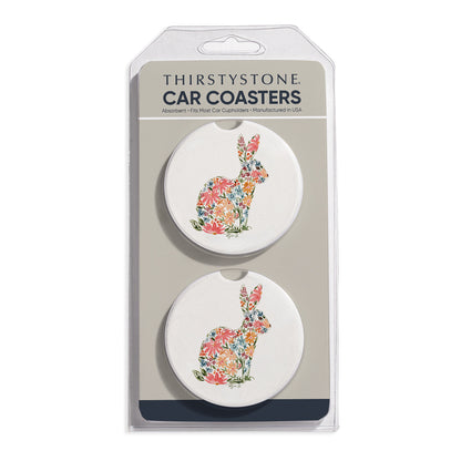 Floral Bunny 2 Pack Absorbent Stone Car Coasters 2.6" Manufactured in the USA