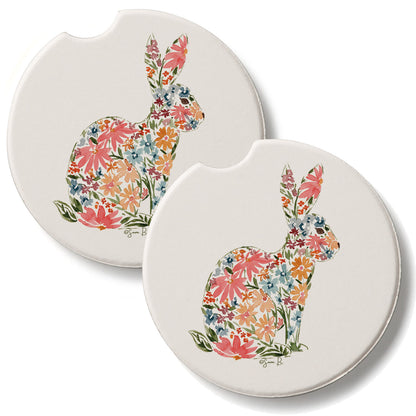 Floral Bunny 2 Pack Absorbent Stone Car Coasters 2.6" Manufactured in the USA