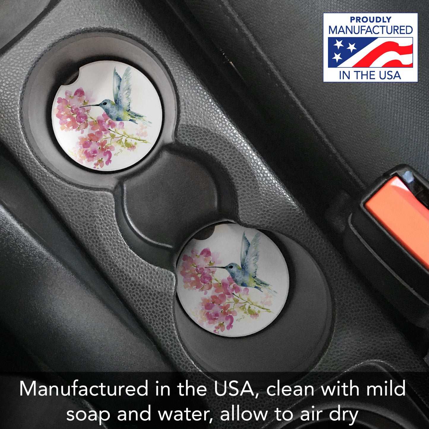 Hummingbird Watercolor 2 Pack Absorbent Stone Car Coasters 2.6" Manufactured in the USA