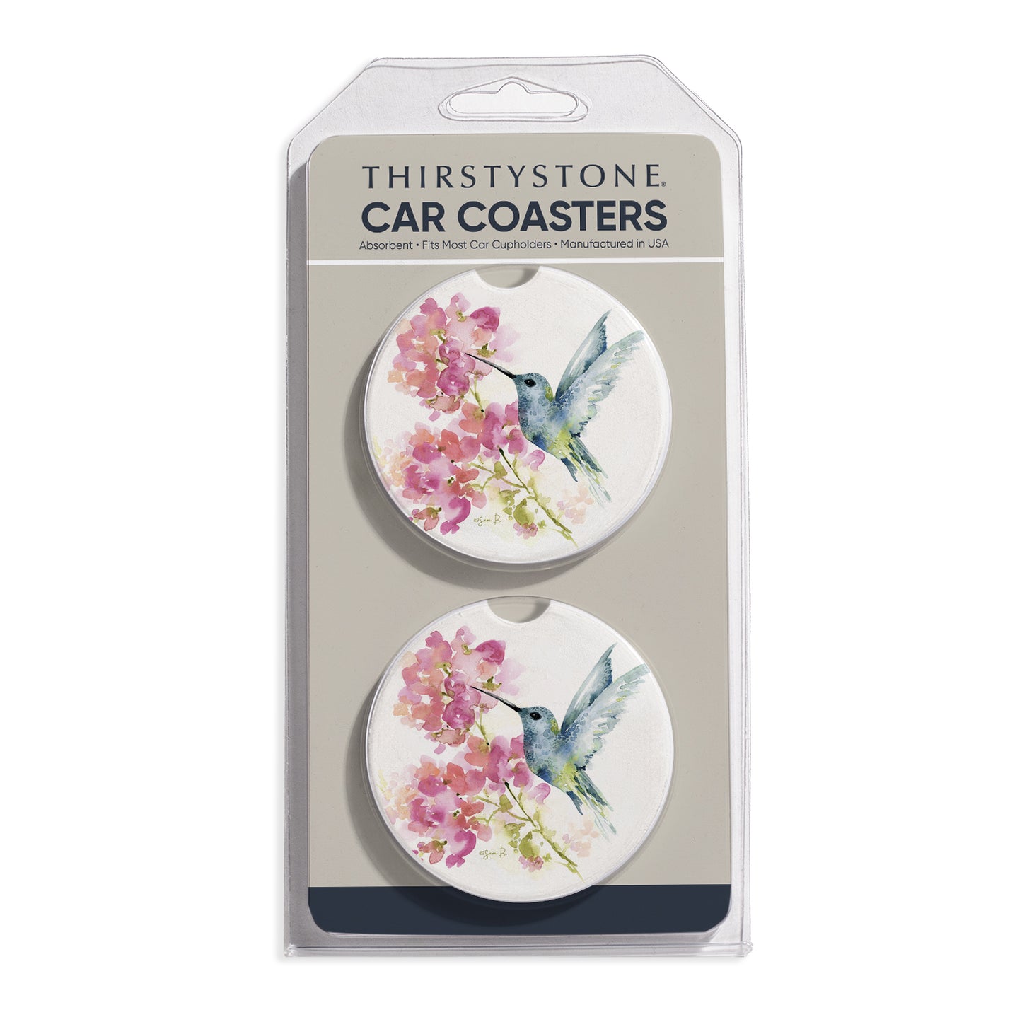 Hummingbird Watercolor 2 Pack Absorbent Stone Car Coasters 2.6" Manufactured in the USA