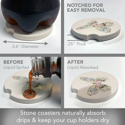 Nature Butterfly 2 Pack Absorbent Stone Car Coasters 2.6" Manufactured in the USA