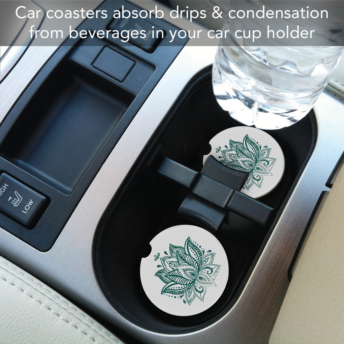Lotus Sketch 2 Pack Absorbent Stone Car Coasters 2.6" Manufactured in the USA