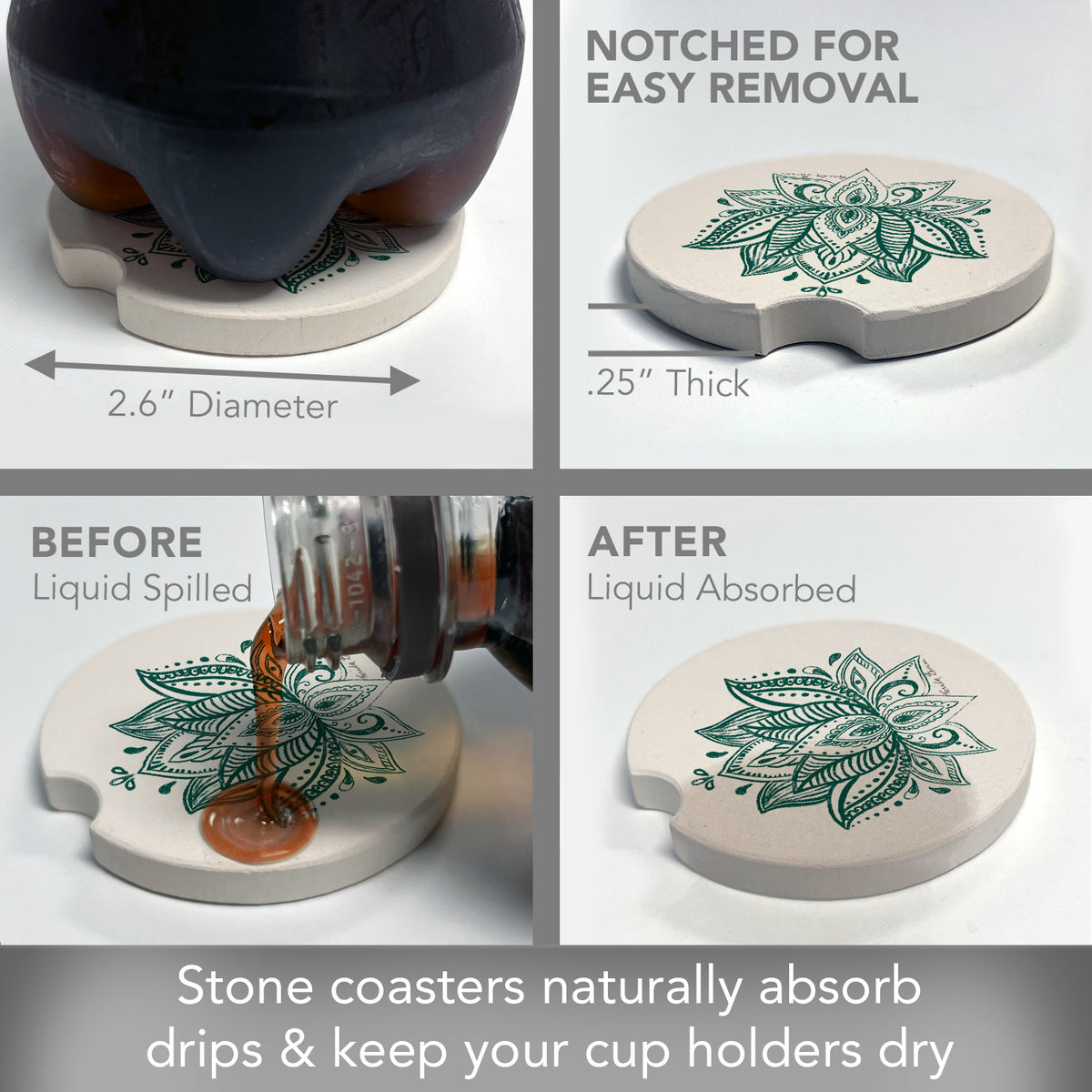 Lotus Sketch 2 Pack Absorbent Stone Car Coasters 2.6" Manufactured in the USA