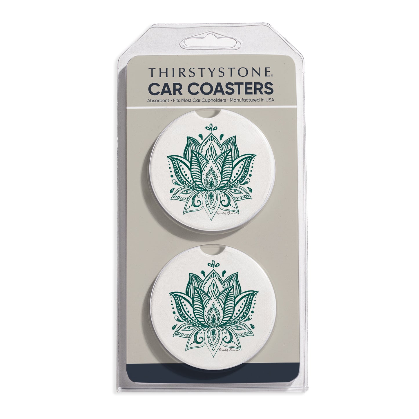 Lotus Sketch 2 Pack Absorbent Stone Car Coasters 2.6" Manufactured in the USA