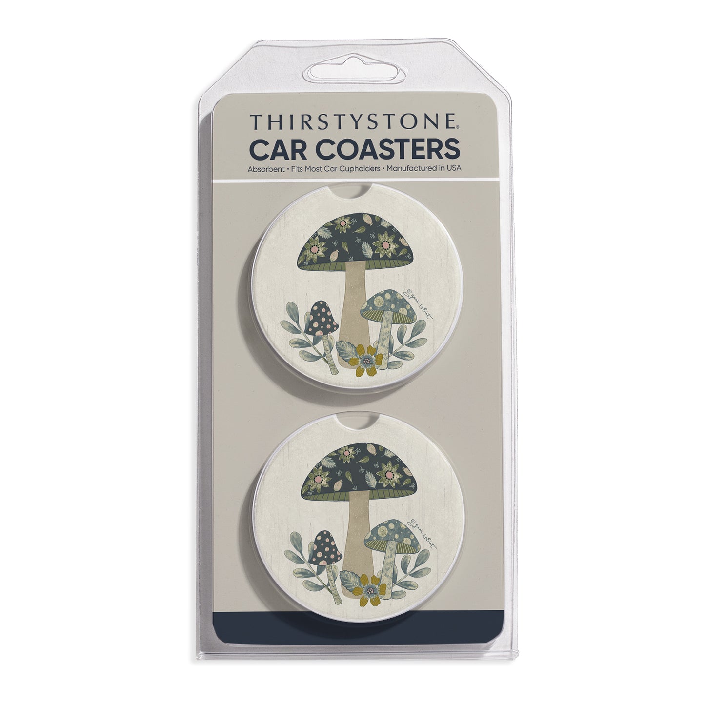 Patterned Mushrooms 2 Pack Absorbent Stone Car Coasters 2.6" Manufactured in the USA