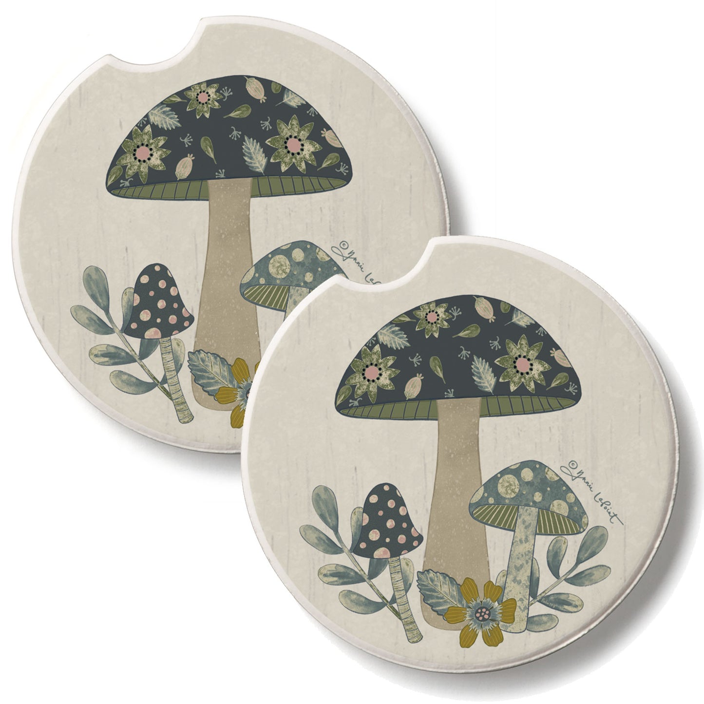 Patterned Mushrooms 2 Pack Absorbent Stone Car Coasters 2.6" Manufactured in the USA