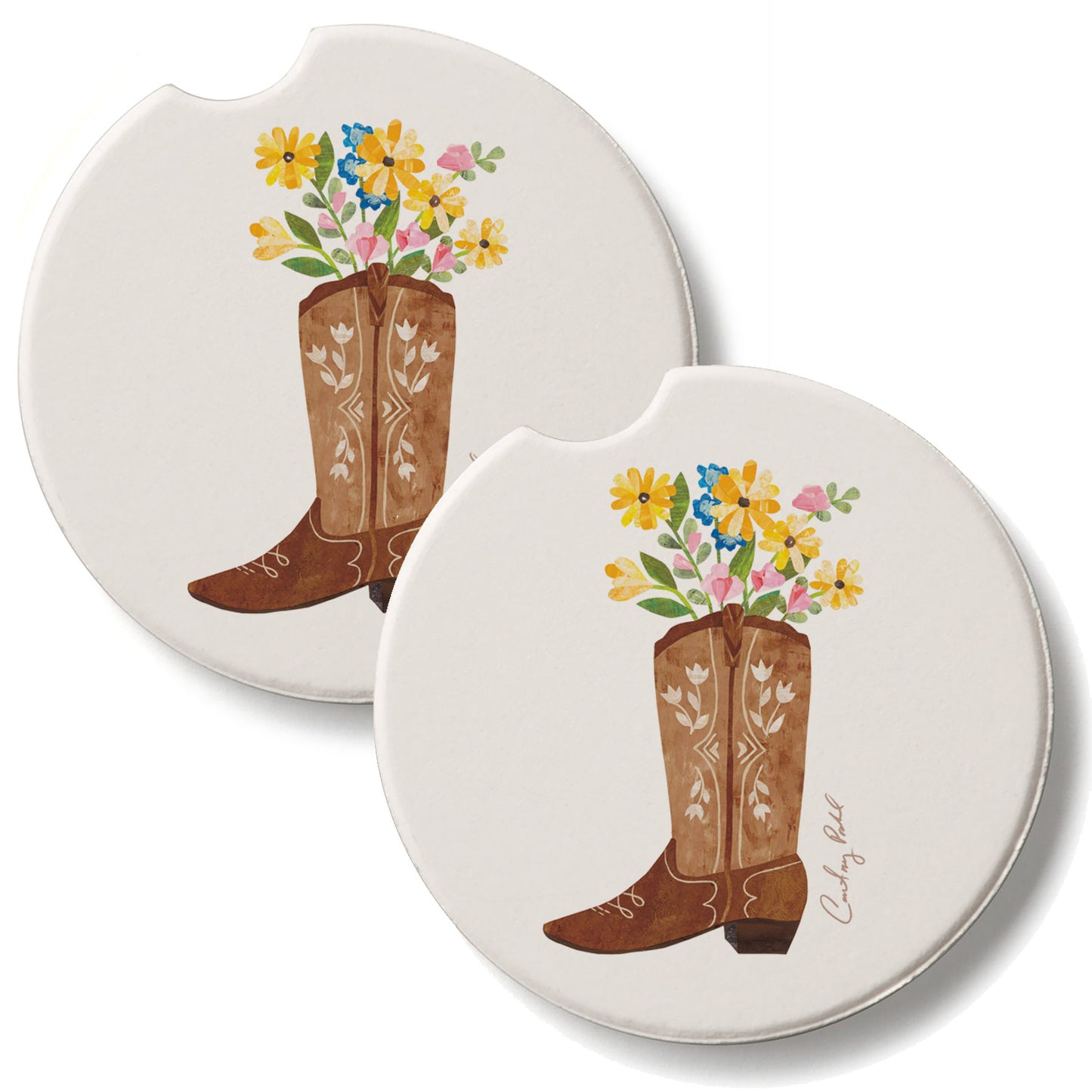 Western Cowgirl 2 Pack Absorbent Stone Car Coasters 2.6" Manufactured in the USA