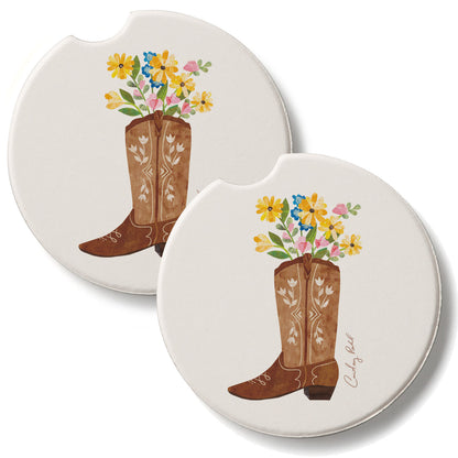 Western Cowgirl 2 Pack Absorbent Stone Car Coasters 2.6" Manufactured in the USA