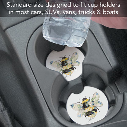 Beautiful Bee 2 Pack Absorbent Stone Car Coasters 2.6" Manufactured in the USA