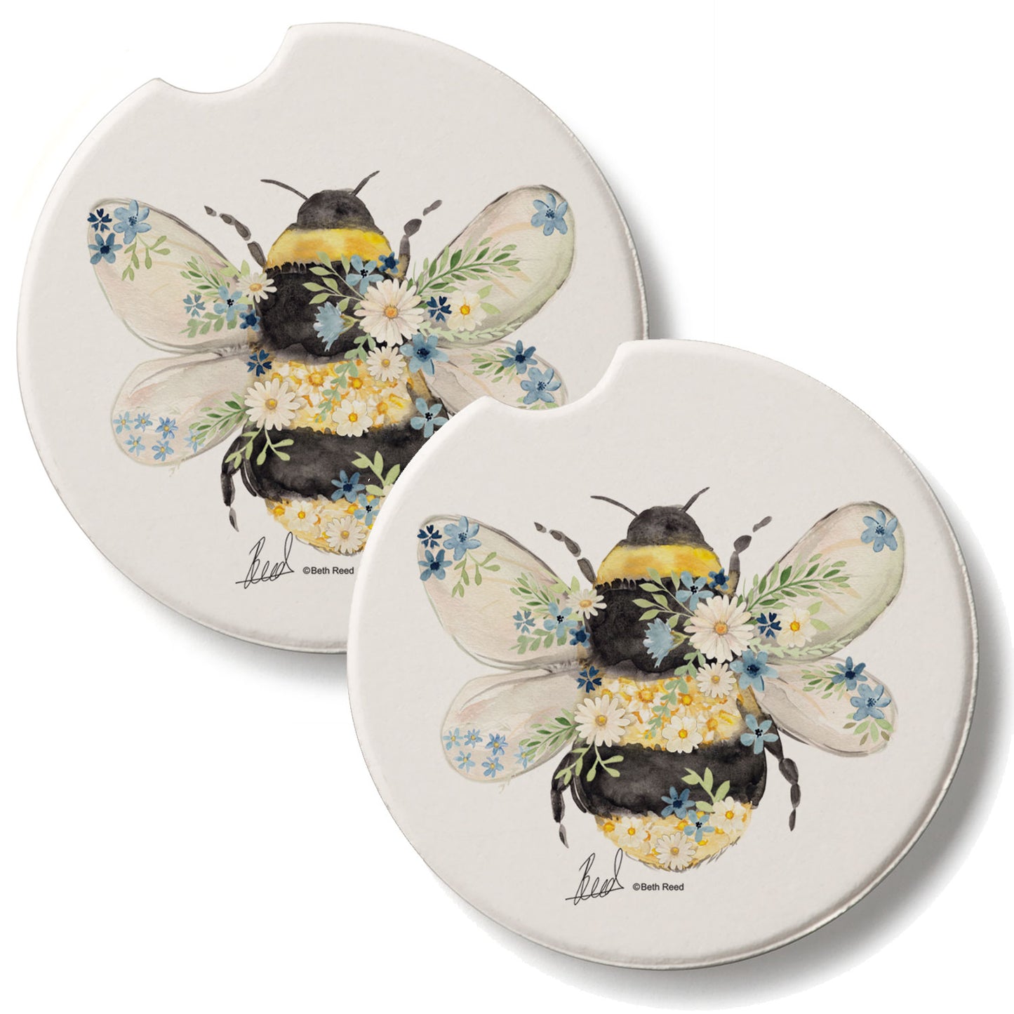 Beautiful Bee 2 Pack Absorbent Stone Car Coasters 2.6" Manufactured in the USA