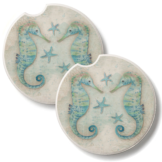 Twin Seahorses 2 Pack Absorbent Stone Car Coasters 2.6" Manufactured in the USA