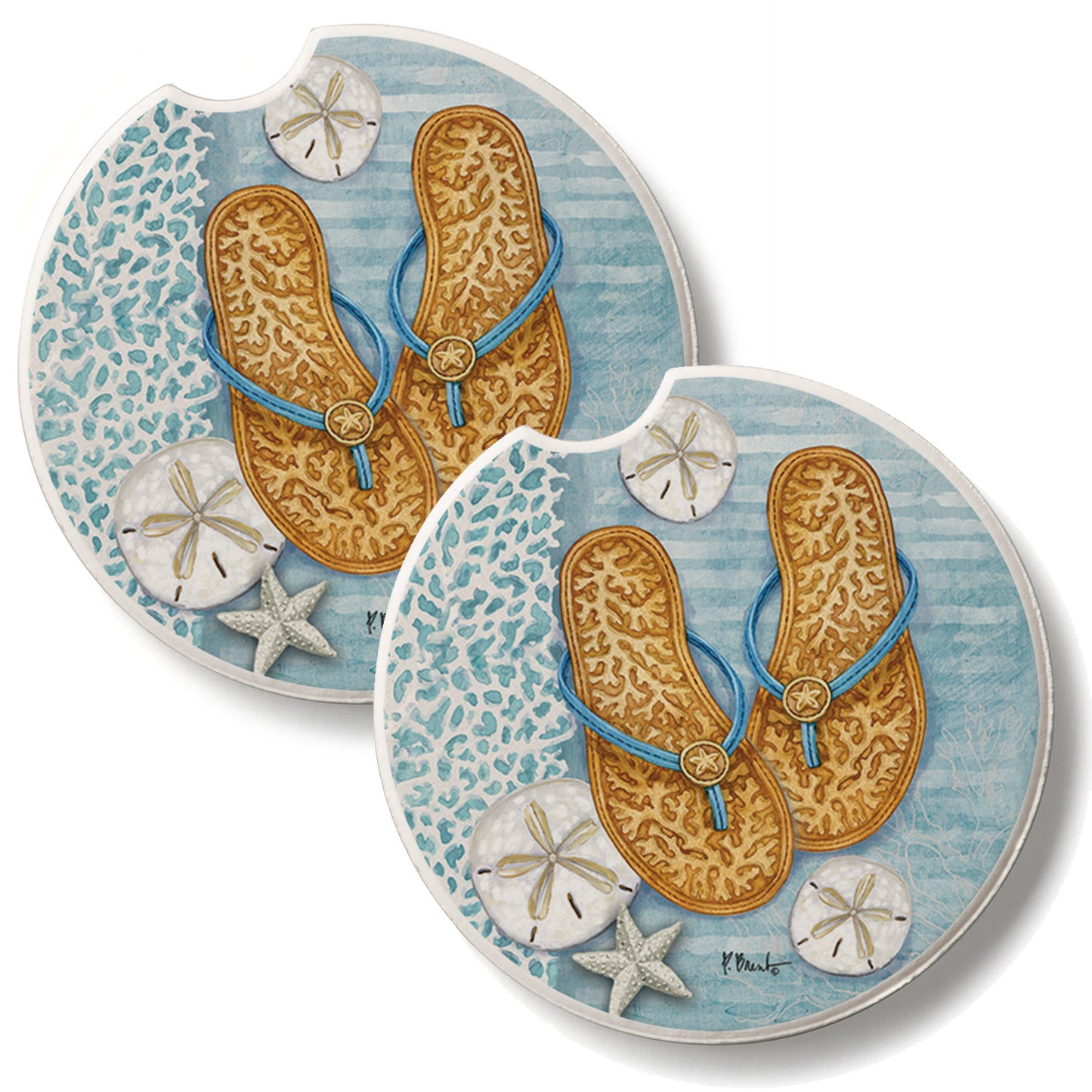 Key Largo Sandals 2 Pack Absorbent Stone Car Coasters 2.6" Manufactured in the USA