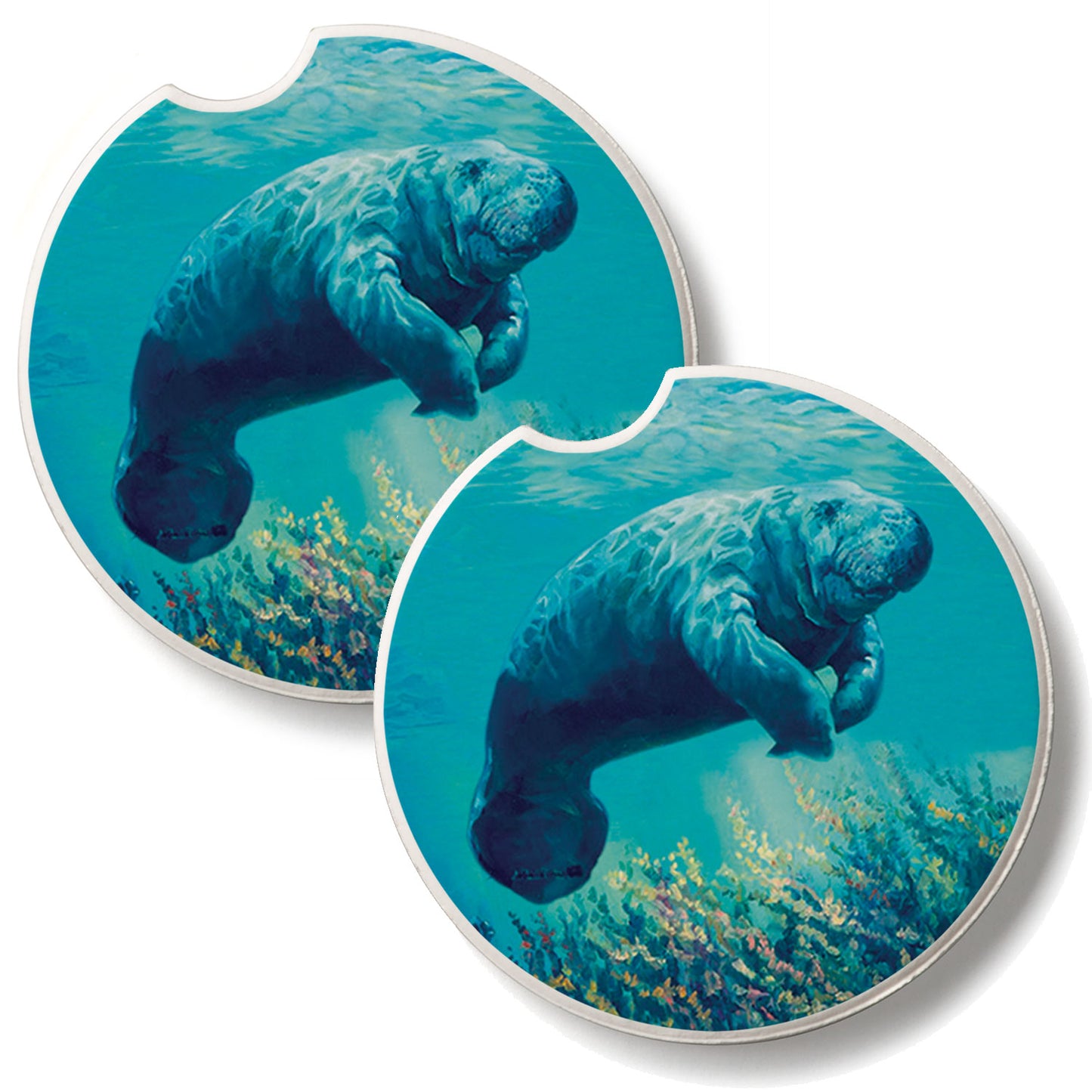 Manatees 2 Pack Absorbent Stone Car Coasters 2.6" Manufactured in the USA