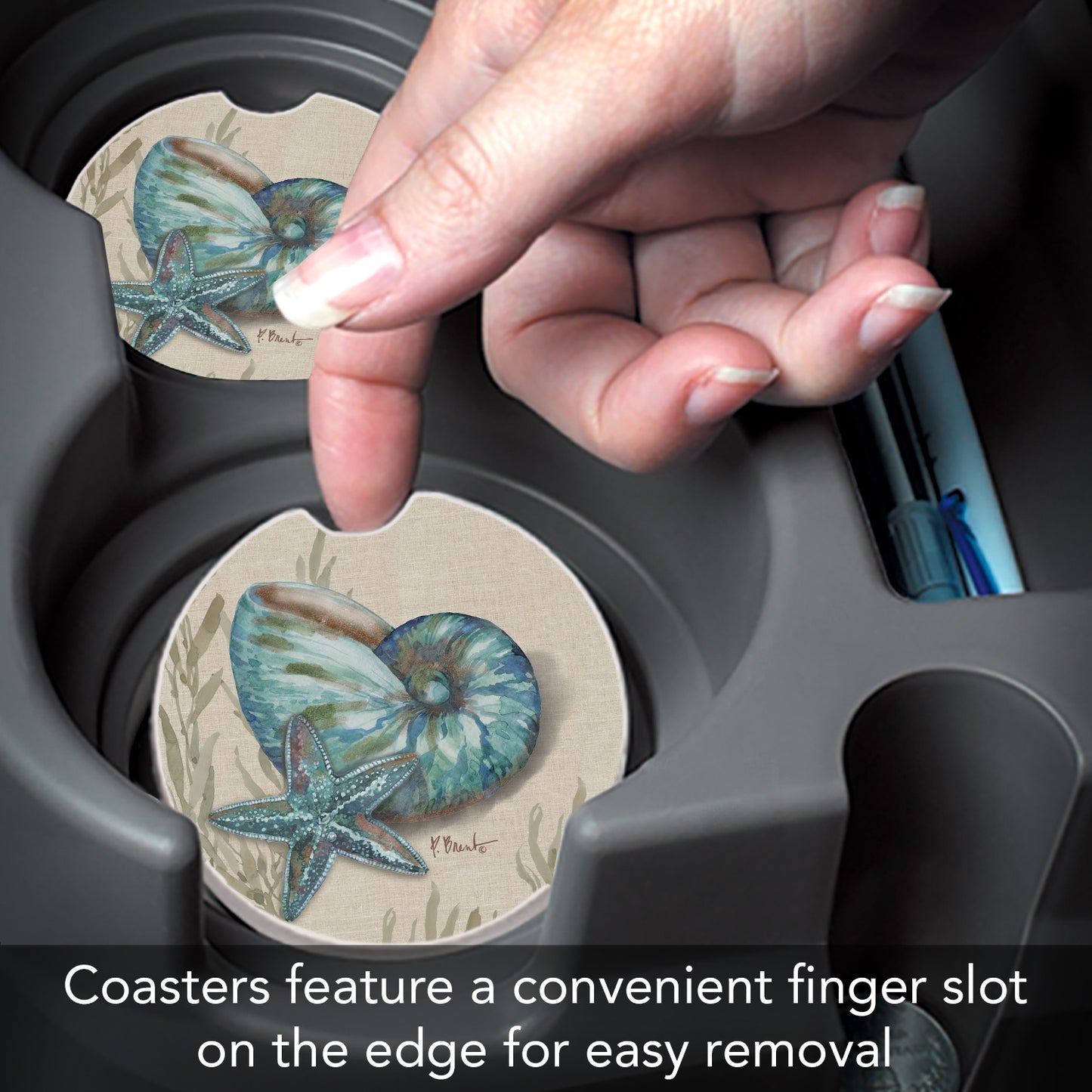 Crescent Conch 2 Pack Absorbent Stone Car Coasters 2.6" Manufactured in the USA