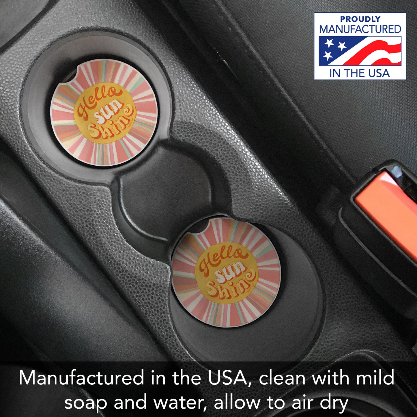 Hello Sun 2 Pack Absorbent Stone Car Coasters 2.6" Manufactured in the USA