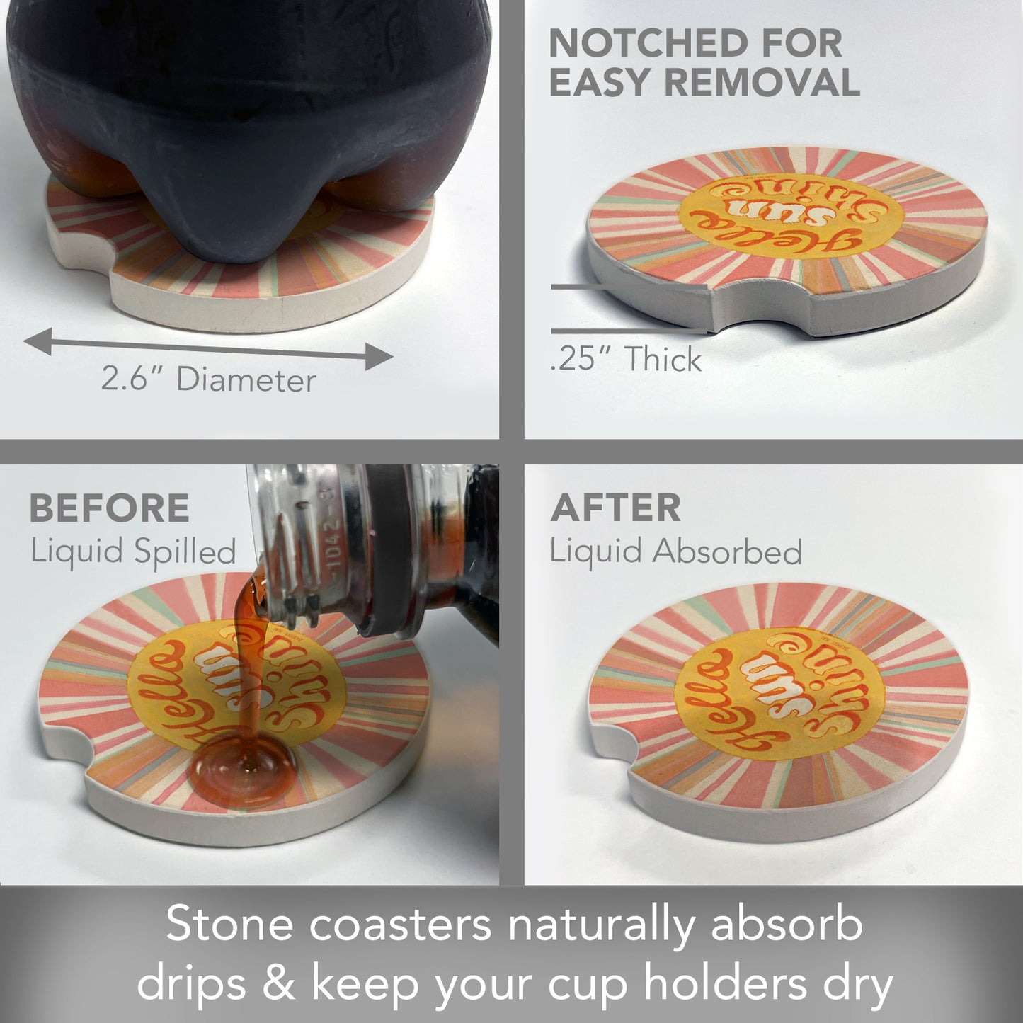 Hello Sun 2 Pack Absorbent Stone Car Coasters 2.6" Manufactured in the USA